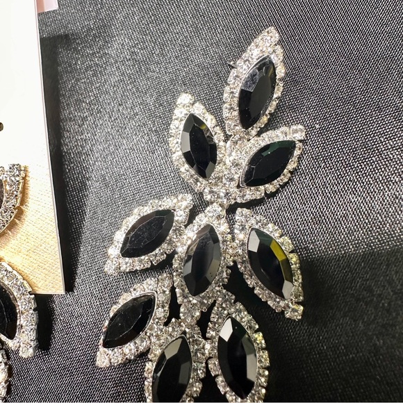 Black Marquise Crystal Chandelier Earrings | Silver Tone Statement Bridal - Picture 2 of 9